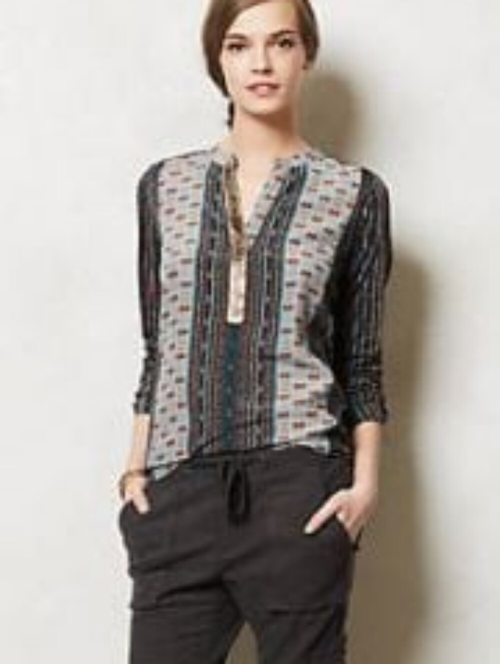 Anthropologie TINY Devas blouse. Aztec-inspired Print And Gold Neck Placket.